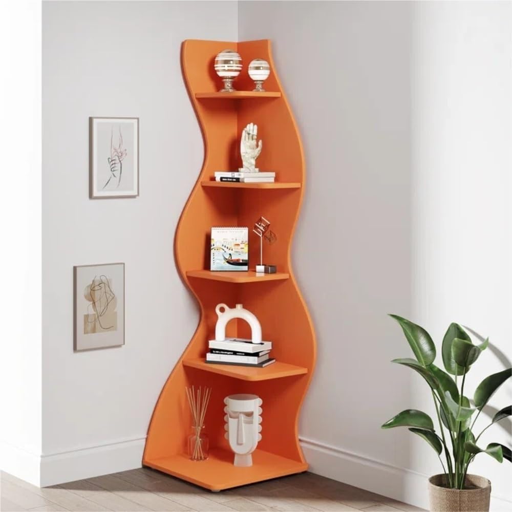 Vertical Bookshelf Tower, Narrow Corner Bookcase, Space-Saving Storage Shelf, Indoor Display Cabinet, Spine Bookshelf, Floor-Standing Corner Shelf for Bedroom(Orange)
