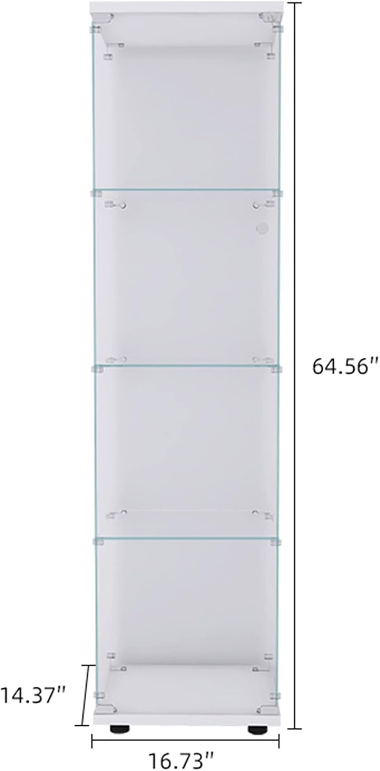 64' 4 Shelves Display Cabinet with One Door,Floor Standing Corner Curio Glass Cabinets Case W/Locks,Transparent Full Viewing Angle Bookshelf for Living Room,Bedroom,White