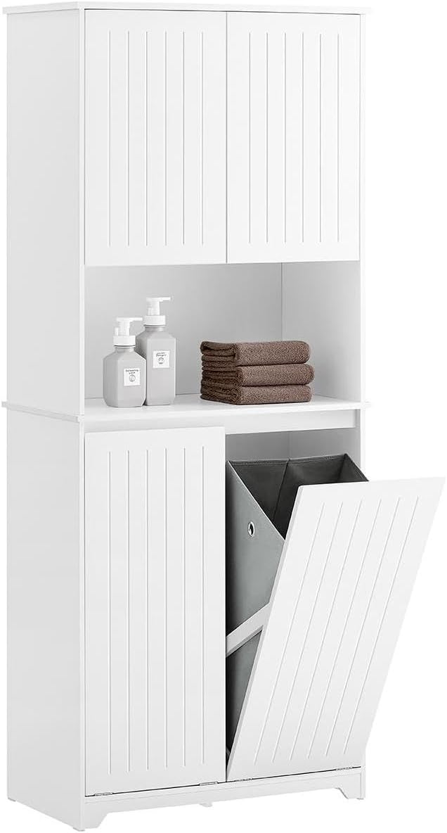 SoBuy Double Tilt Out Laundry Hamper Cabinet, Tall Bathroom Storage Cabinet with Adjustable Shelves and Hidden Pull Out Basket, Freestanding Storage Organizer for Laundry Room, White SO2-BZR150-W