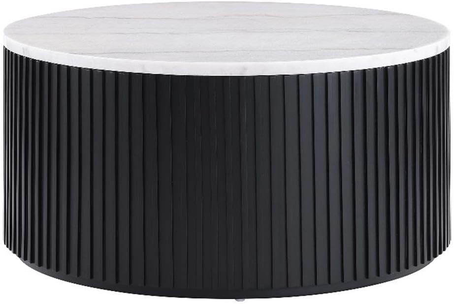 Steve Silver Furniture Colvin White Marble Cocktail Table, Contemporary/Modern Design, 36' Round Table, Coffee Table, Living Room Centerpiece, Wooden Drum Base, 36' W x 36' L x 19' H, Black, White