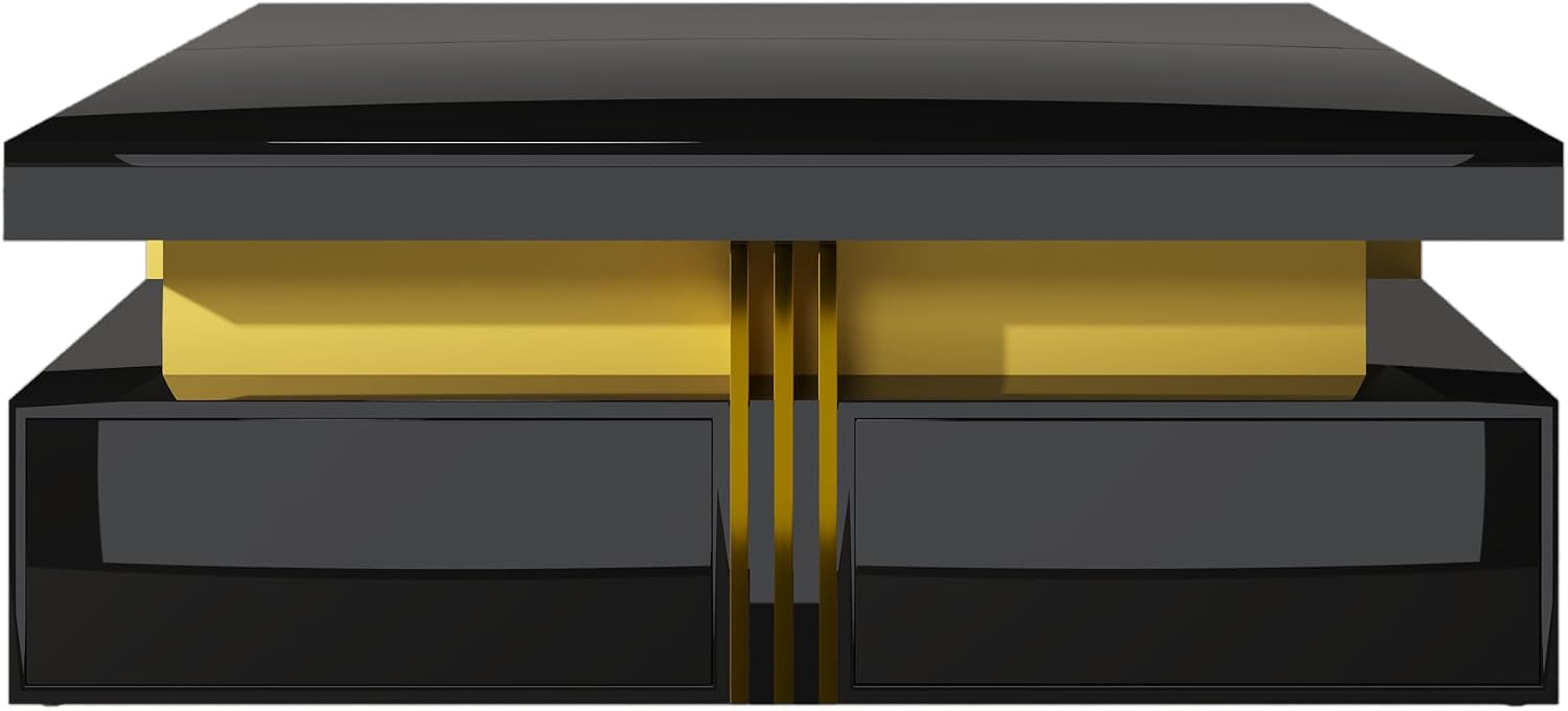 Merax 43.3' Modern Glossy Square Storage Coffee Table with 4 Drawers, Gold Accents, Functional Center Tables for Living Room Apartment, Glossy Black