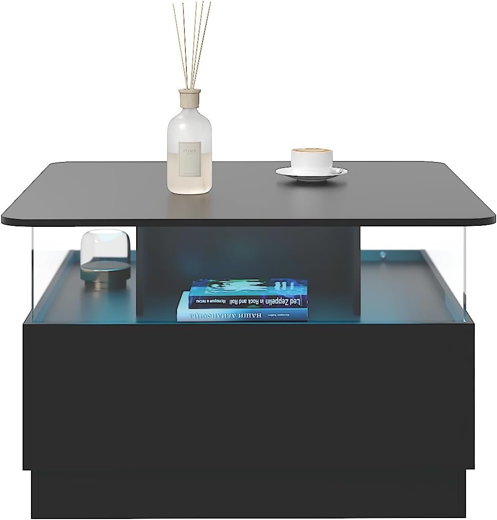 HedoAjim Square Coffee Tables with Storages, Modern Coffee Table for Living Room, Black Round Coffee Tables and 2 Spacious Drawers, Coffee Table with LED Light