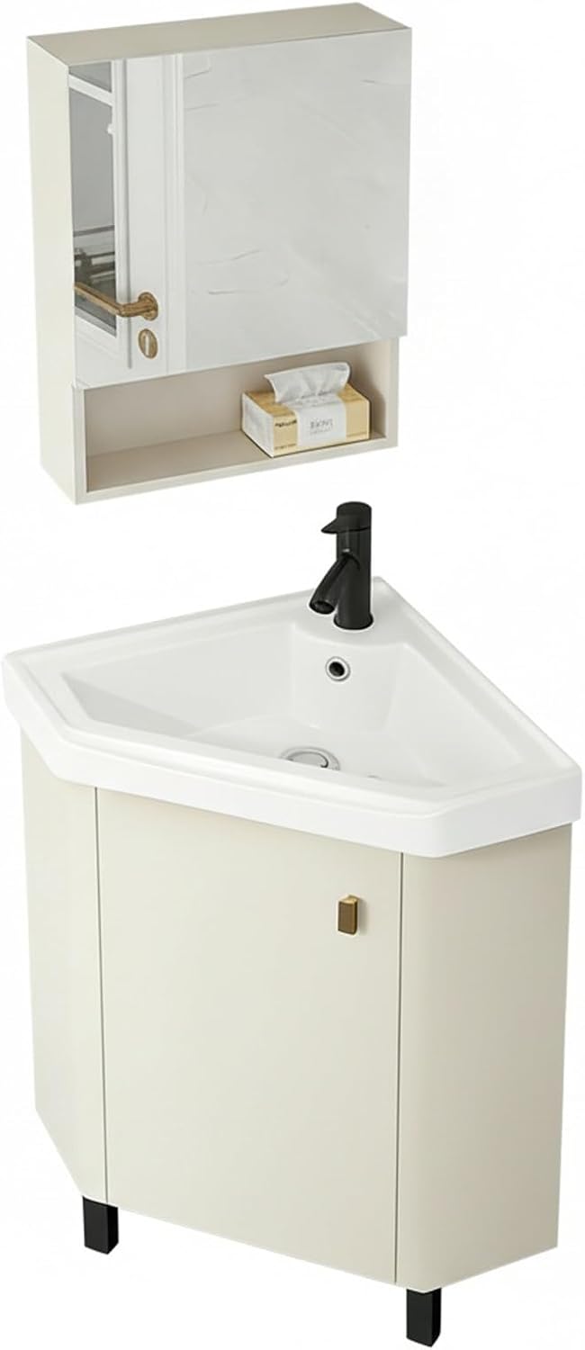 Corner Bathroom Vanity Sink for Small Space, Freestanding Compact Space Bathroom Storage Cabinet,Space-Saving, with White Ceramic Sink & Adjustable Shelf(43x43 cm(16.9x16.9 in))