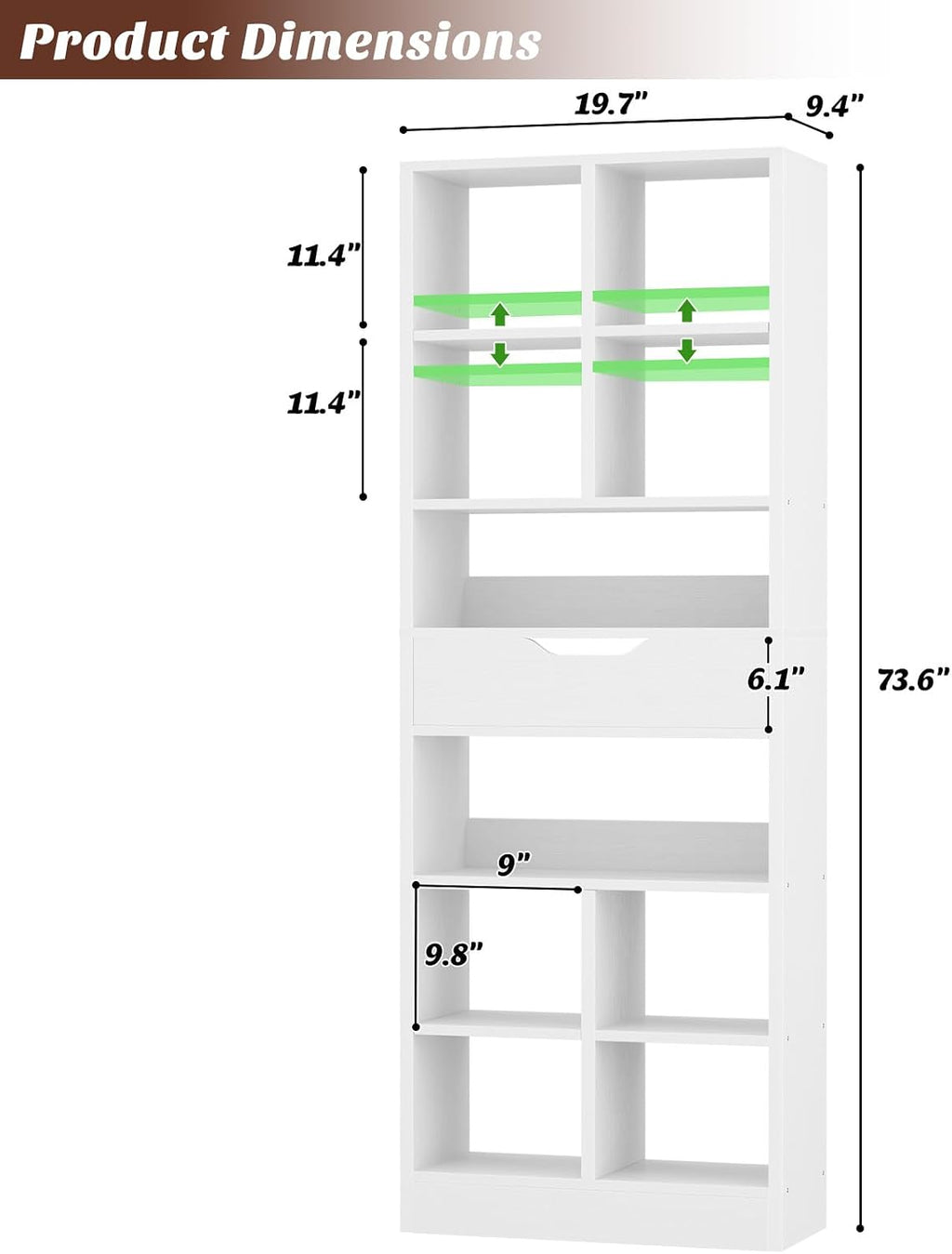 Armocity 8-Tier Tall Bookshelf with Drawer, 73.6' Narrow Freestanding Bookcase, Space-Saving Wood Display Shelves Storage for Living Room, Home Office Bedroom, White