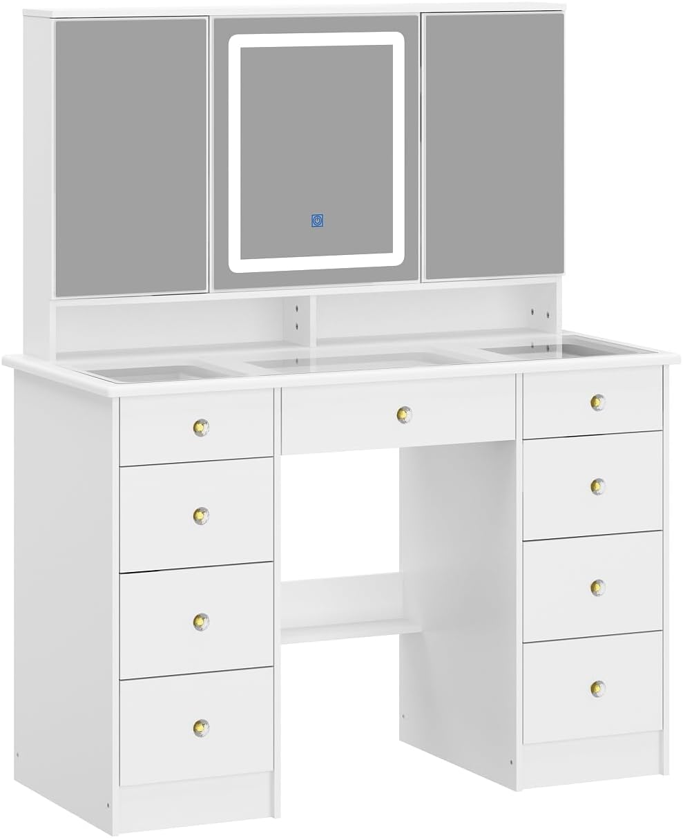 Timechee Vanity Mirror with Lights, Corner Vanity Desk with 9 Storage Drawers, 4 Large Shelves, 3 Color Lighting Options, Vanity Mirror Desk, Makeup Vanity Set for Bedroom,Glass Tabletop, White