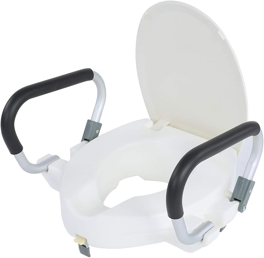 Elevated Raised Toilet Seat, Removable Padded Arms 10cm Height Adjustable Disability Aid, White Toilet Seat for Elderly & Pregnant Women, 40x43.5x10cm