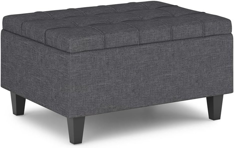 SIMPLIHOME Harrison Small Coffee Table Storage Ottoman - 34 inch Wide Upholstered Linen Look Fabric Rectangular Lift-Top Ottoman in Slate Grey, Transitional Ottoman for Living Room with Hidden Storage