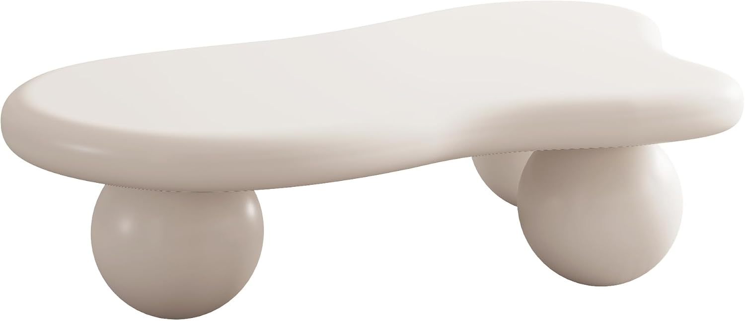 47.2' Cloud Coffee Table for Living Room Irregular Coffee Table Modern Low Coffee Tables Unique Center Table with 3 Ball Legs for Small Space Apartment Cream White