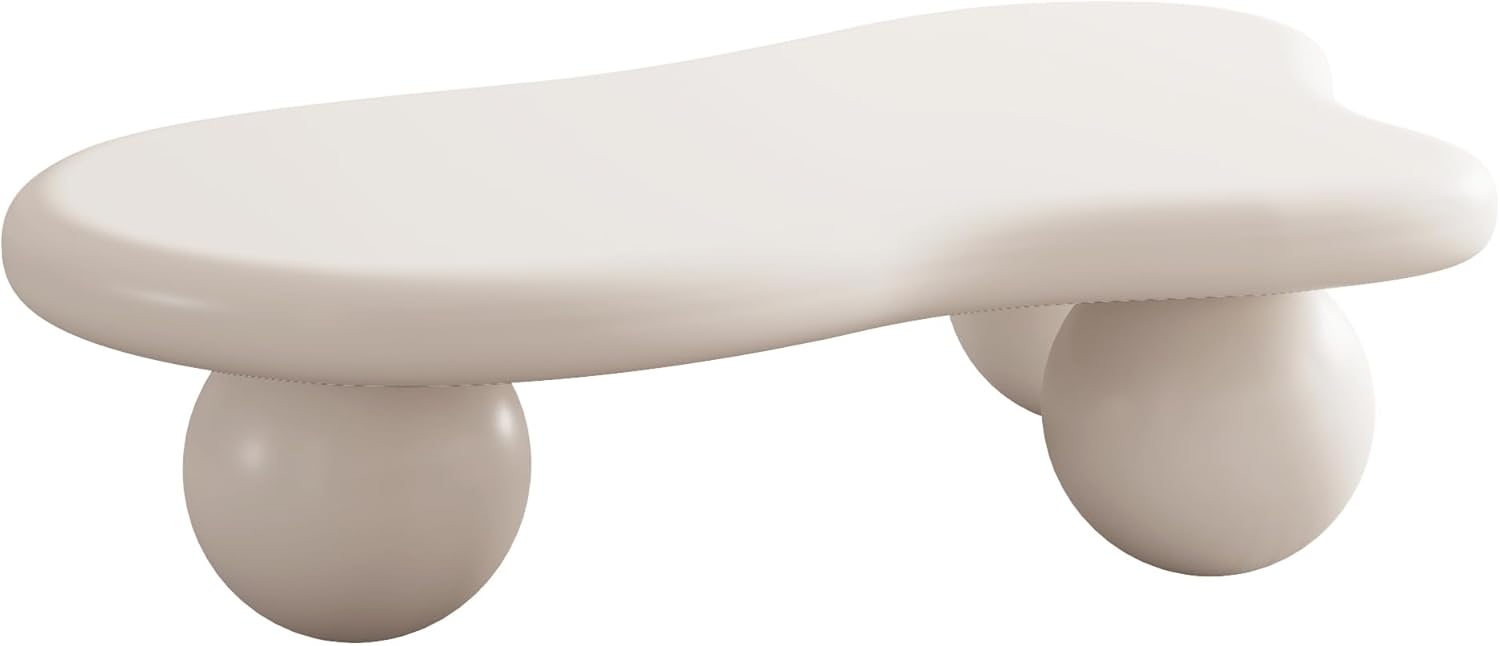 47' Cloud Coffee Table,Modern Cute End Table with Ball Legs,Small Round Edge Tea Table,Irregular Indoor Wood Coffee Table for Living Room, Bedroom, Small Space,Balcony,Patio Cream White