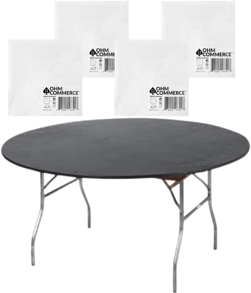 Kwik-Covers 60' Black Round Fitted Plastic Table Covers, Bundle of 20 with Two Hundred Eighty (280) Ohm Commerce Paper Napkins - Indoor or Outdoor Fitted Table Covers (Table NOT Included)