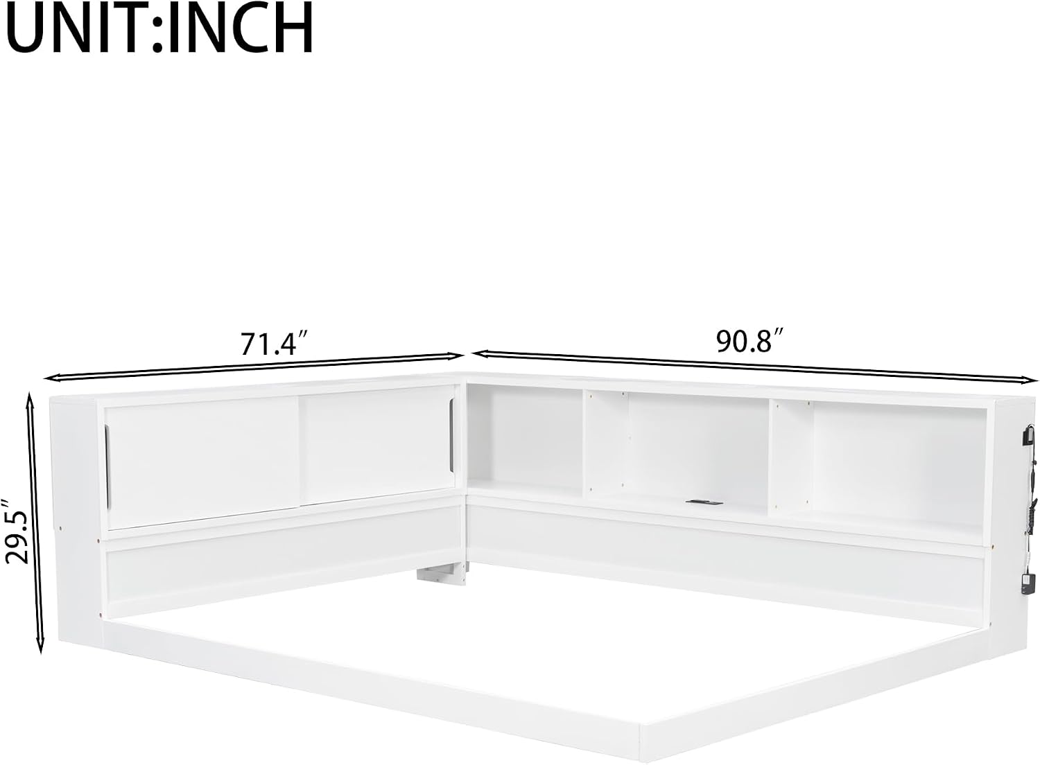LUMISOL Queen Size Corner Bed with Storage Shelves, Wooden L-Shaped Daybed Frame with Charging Station and LED Lights for Teens, Adults, White