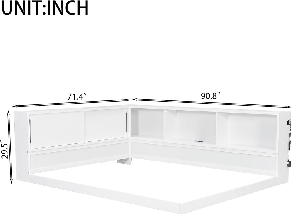 SOFTSEA Queen Size Daybed with Shelves, L-Shape Corner Bed Frame with LED and Storage, Wood Floor Daybed with LED for Kids, Teens & Adults, White