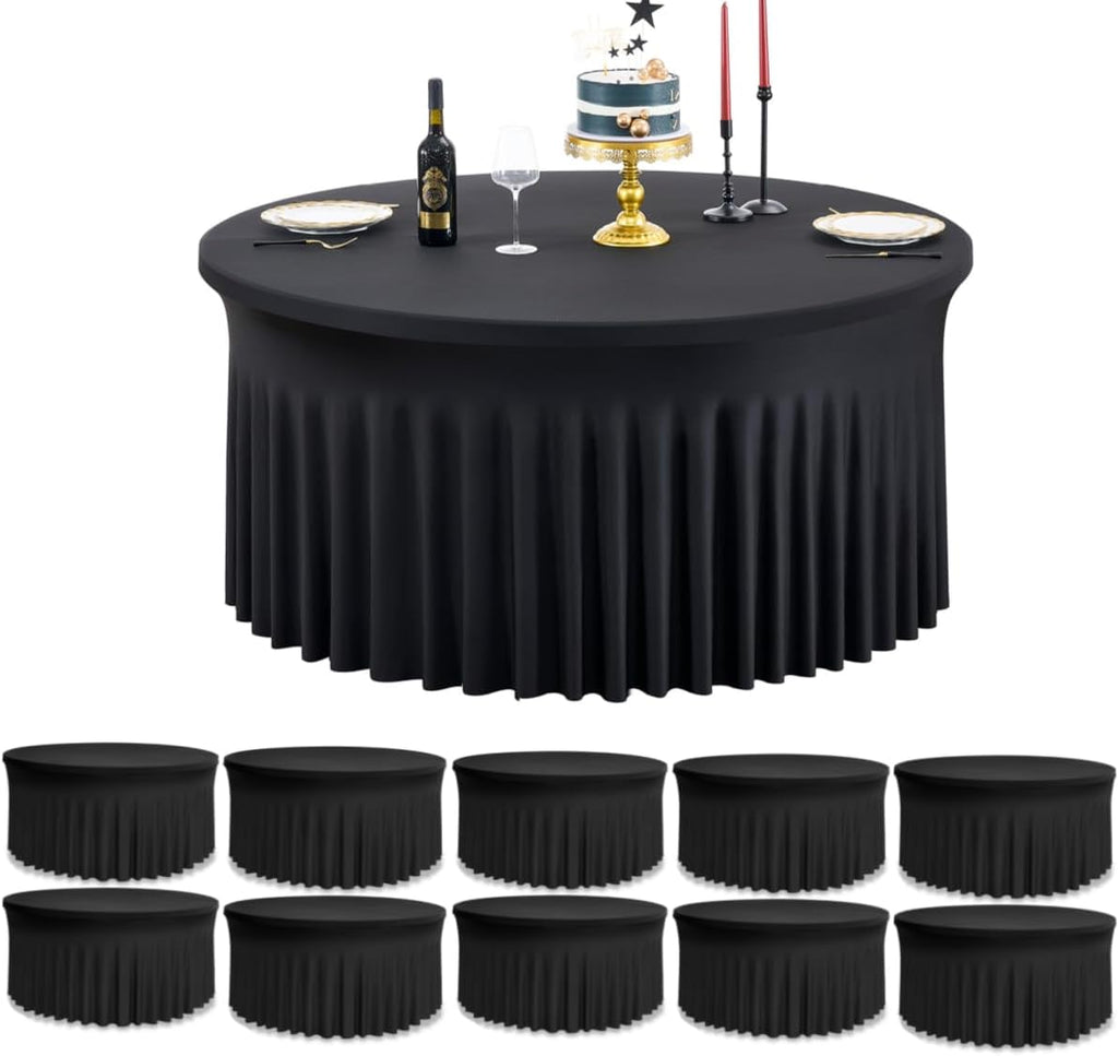 leegleri 10 Pack Spandex Black Round Tablecloths for 72in Table, Wrinkle Free Fitted 6FT Round Table Cover with Skirt for Wedding Birthday Party Bridal Shower Banquet