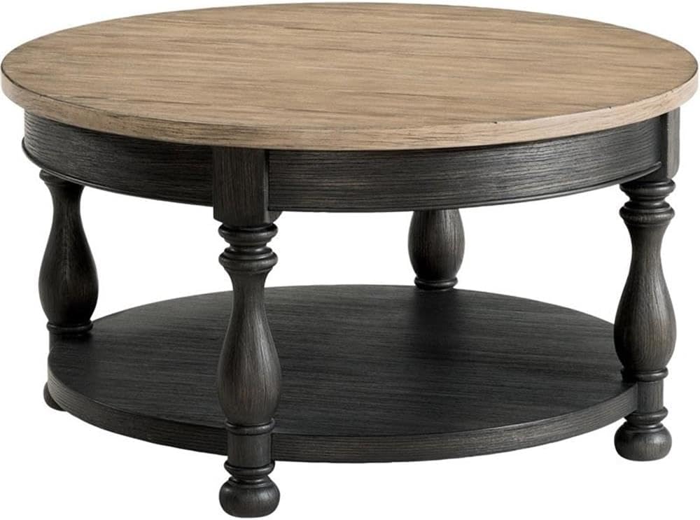 Pemberly Row Wood Coffee Table, 32' W x 32' D x 18' H, Poplar Solid and Ash Veneer, Antique Oak and Matte Black Finish, Fixed Bottom Shelf, Hand-Chiseled V-Grooves, Living Room Furniture
