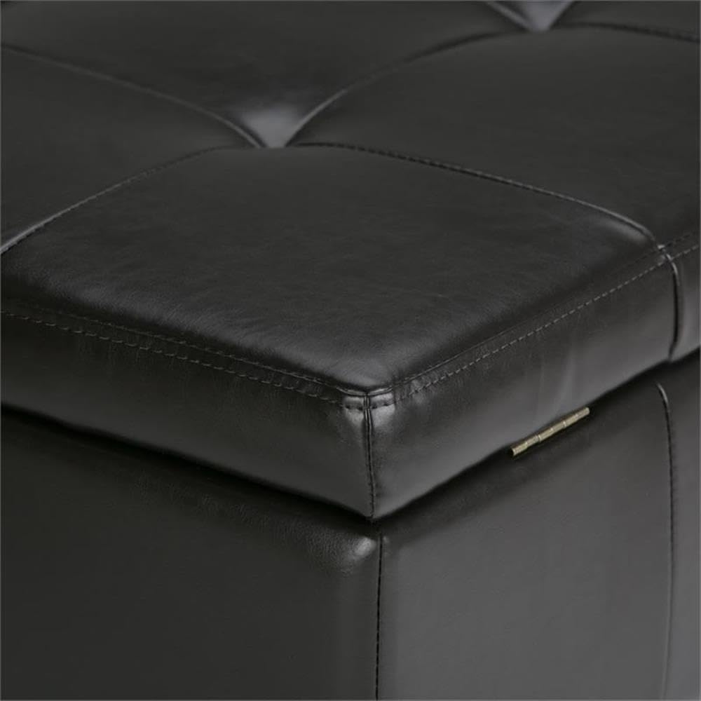 Pemberly Row Mid Century Faux Leather Storage Ottoman with Lift Top, Square Coffee Table for Living Room with Large Storage Space, Dark Brown Button Tufted Upholstered Footrest with Wood Legs