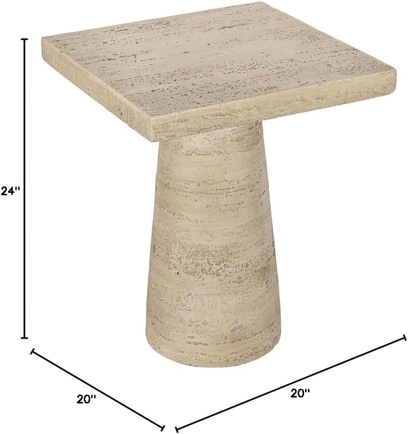 WILLIAMSPACE 20' Cream Square End Table Side Table for Living Room, Modern Magnesium Oxide Stone Small Coffee Table with Pedestal Base, 20'x20'x24'H (Cream)
