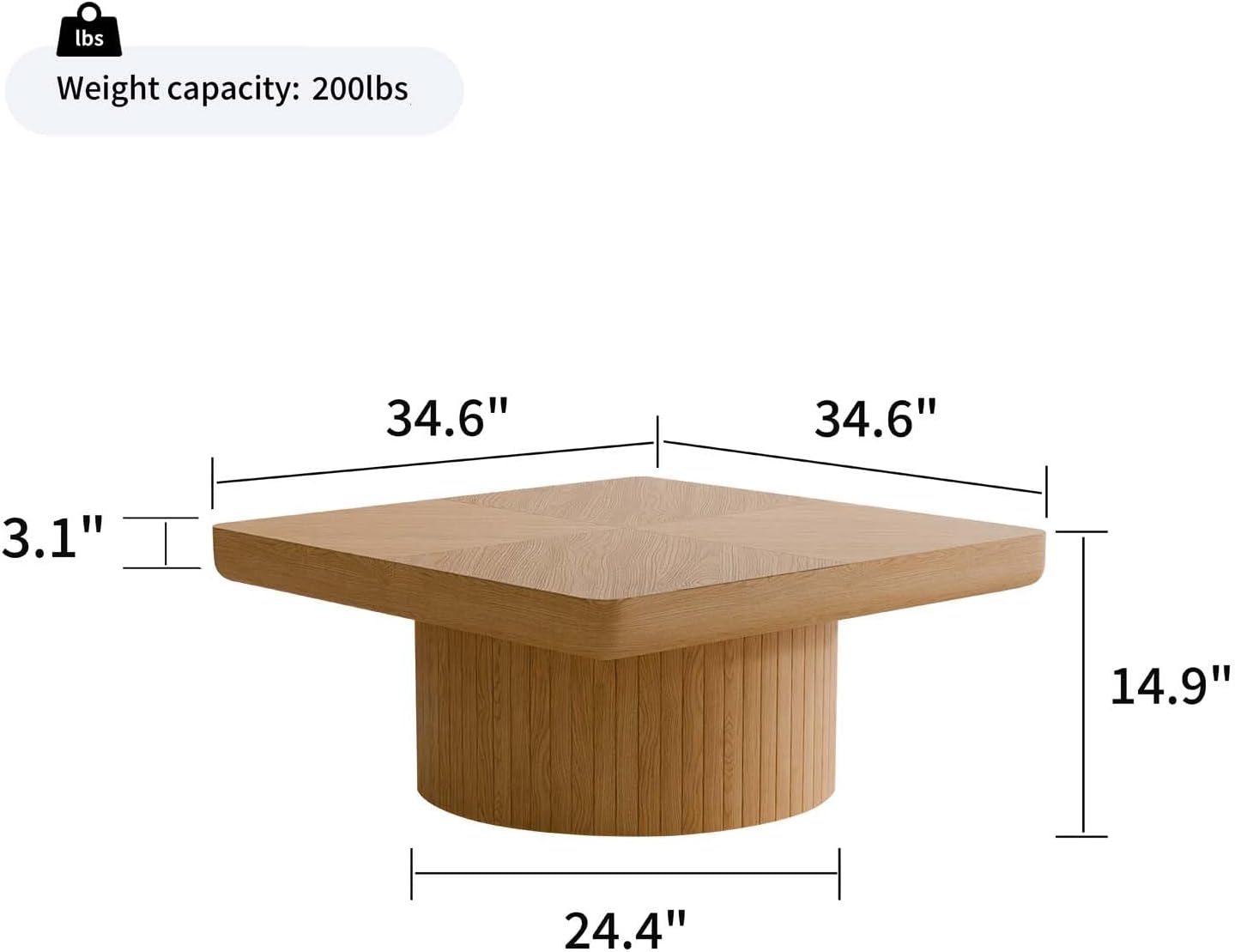 Modern Square Coffee Table with Cylindrical Base, Wood Coffee Table with Parquet Pattern & Thickened Tabletop, Center Table Tea Table for Living Room Apartment, 34.6''L×34.6''W×14.9''H, Natural