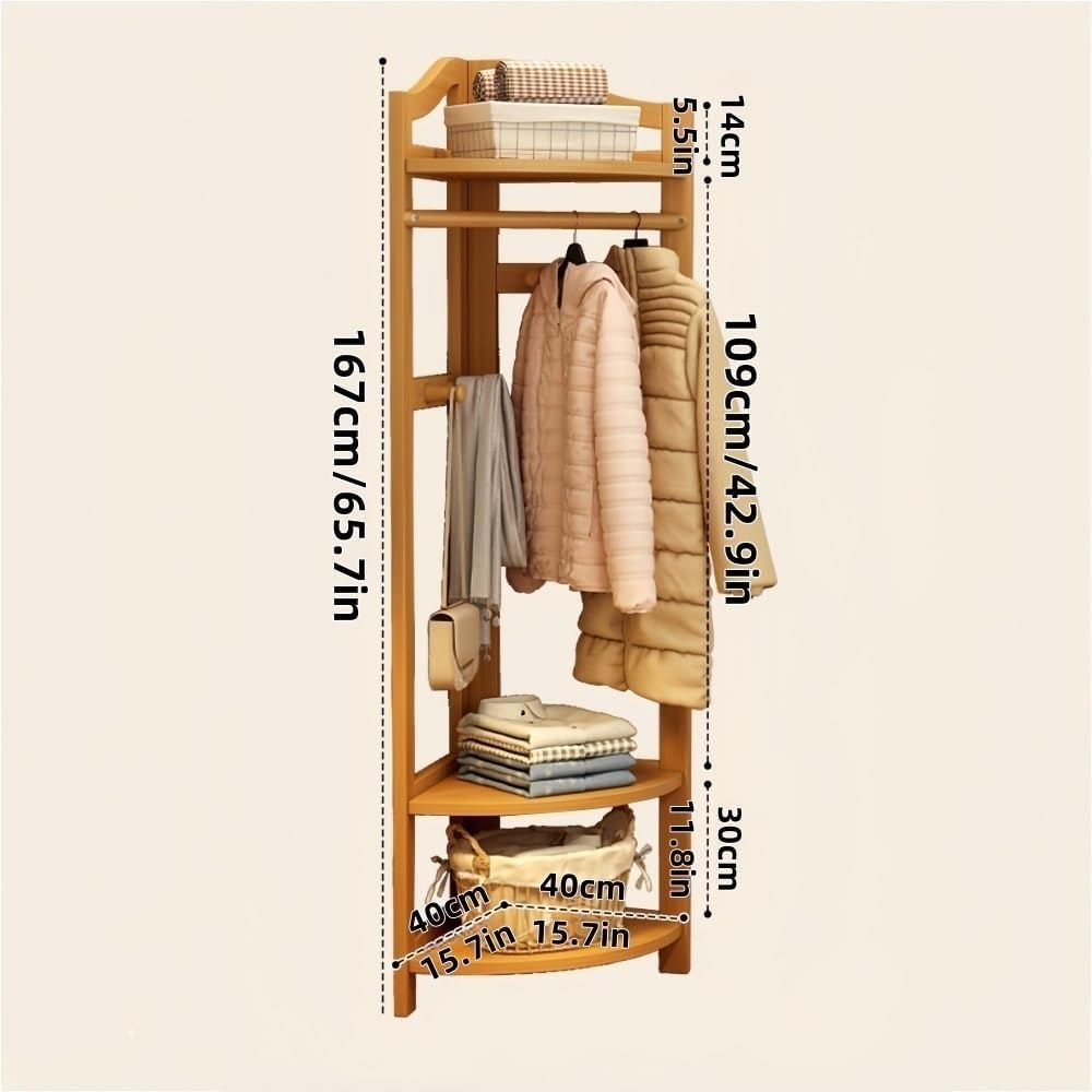 Simple Storage Rack, Floor-standing Coat Rack with Shelves, Corner Coat Rack with Hooks, Multifunctional Clothes Hanger for Living Room, Entrance, Bedroom(Beige)