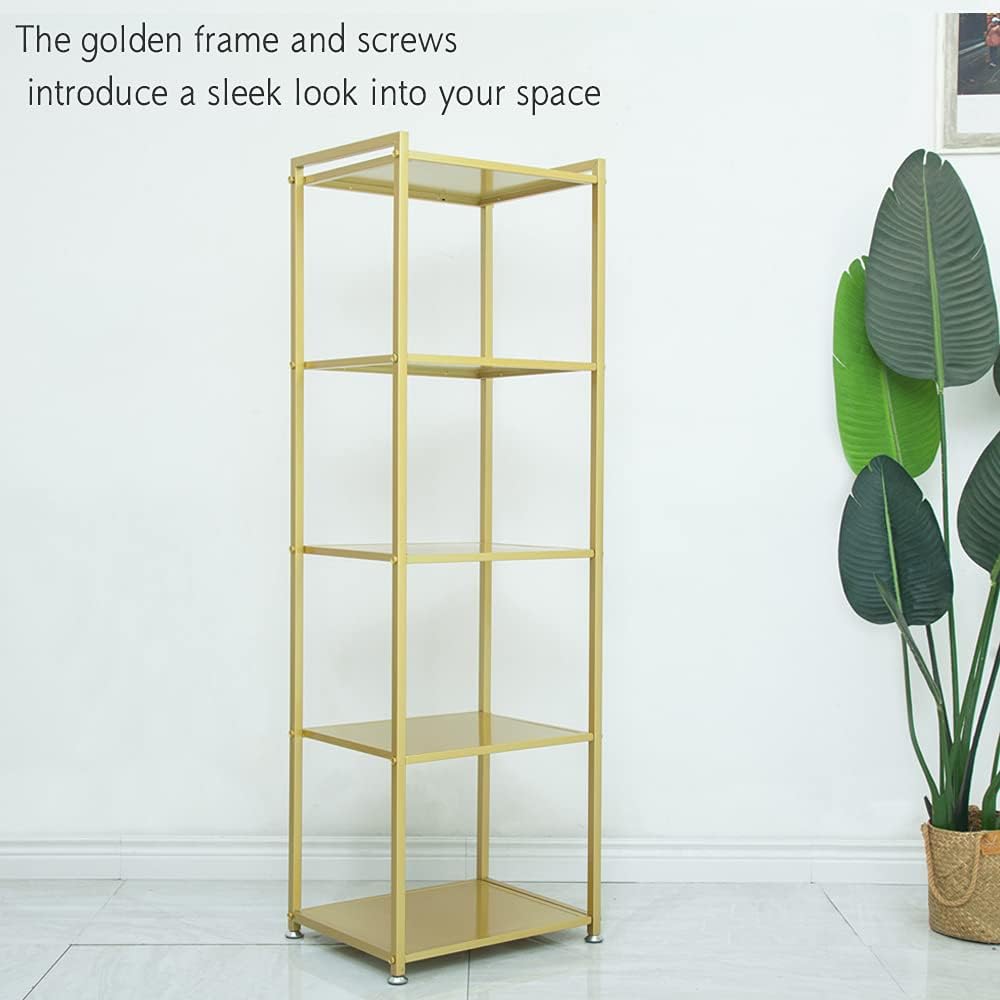 ZIOTHUM Gold Shelf, Gold Bookcase, 5-Tier Bookshelf Shoe Purse Handbag Rack Shelving Unit Etagere Tall Narrow Metal Corner Shelf Boutique Display Storage Retail Commercial Stand(19.7x15.7x63)
