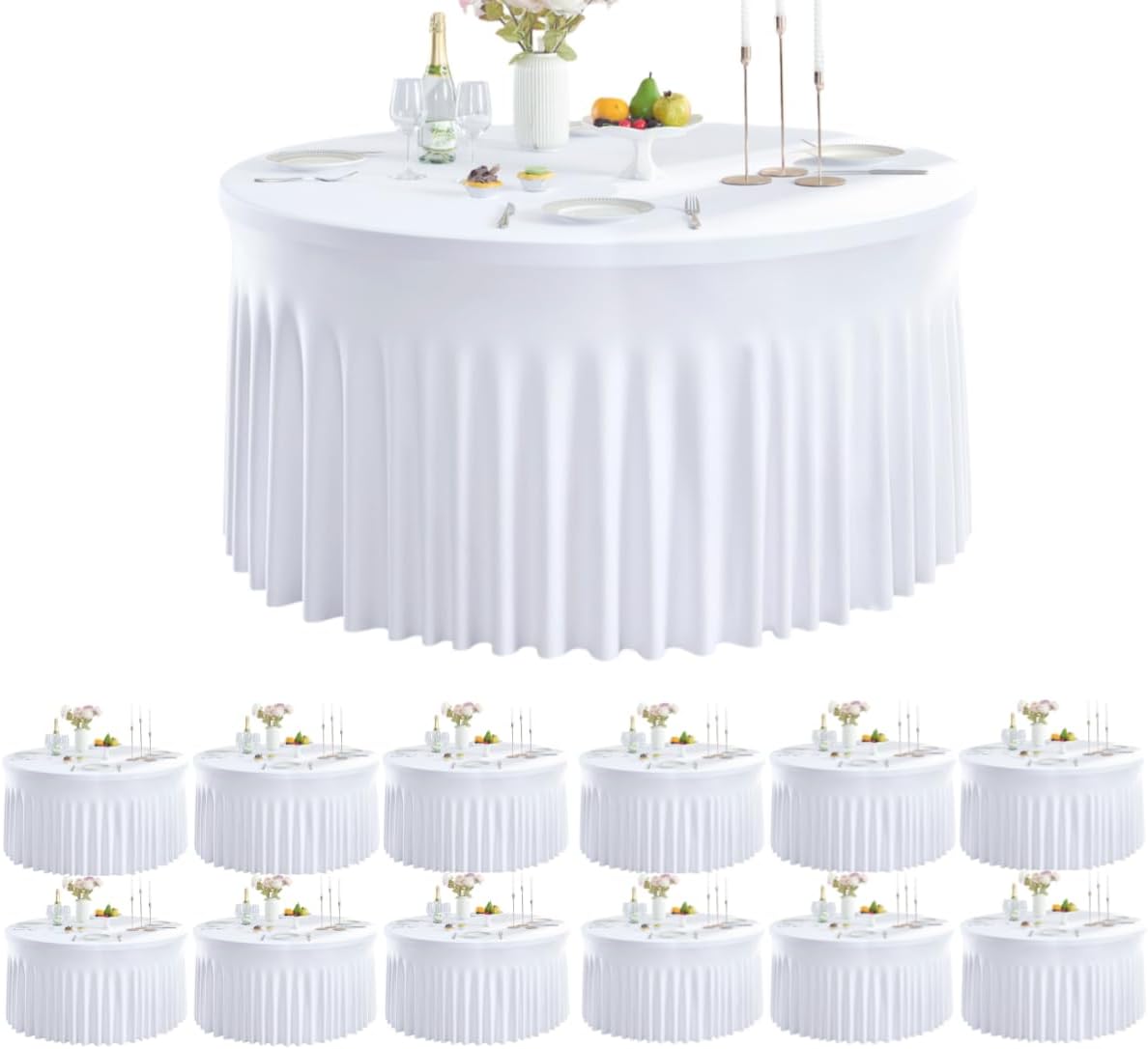 leegleri 12 Pack White Spandex Round Tablecloths - 60 inch, Stretchy 120 inch Fitted 5FT Round Table Cloths with Wrinkle Free Skirt for Wedding Party Dining Banquet