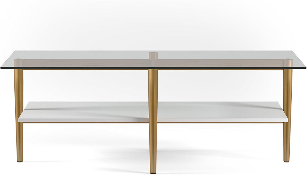 Henn&Hart 47' Wide Rectangular Coffee Table with MDF Shelf in Brass and White Lacquer, for Home, Living Room, Bedroom, Entertainment Room, Office