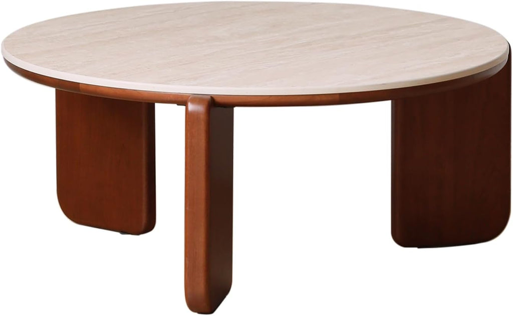 31.5' Modern Faux Mars Coffee Table, Round Sintered Stone Coffee Table with Walnut Solid Wood Leg, Faux Marble Drum Circle Center Table,Cocktail Tea Side End Tables for Living Room Apartment Home