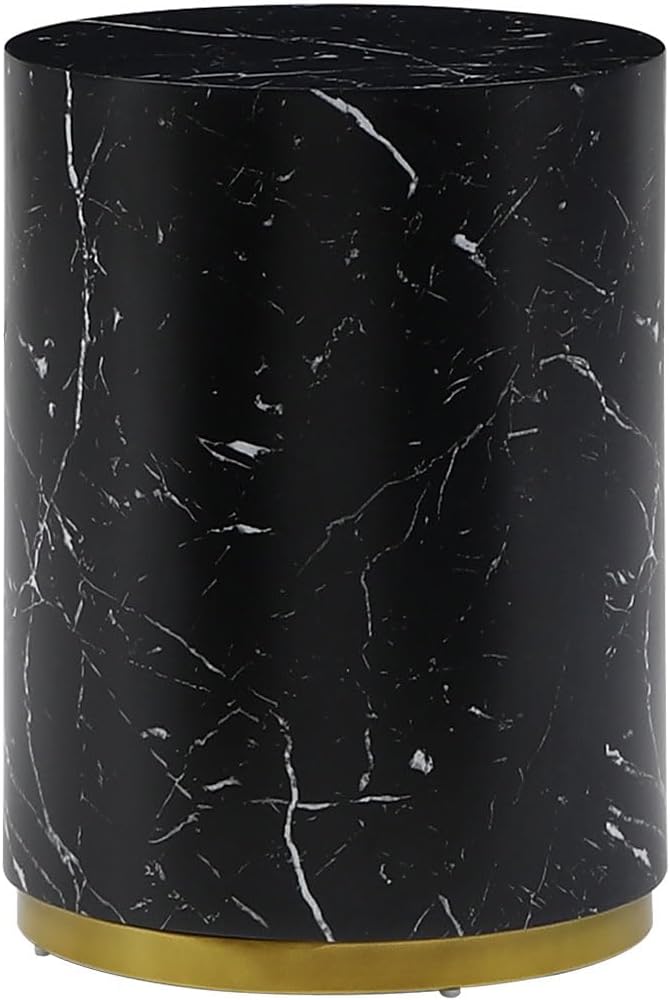 WILLIAMSPACE Wood End Table with Gold Rim Bottom & Marble Texture, Round Side Table for Small Spaces, Nightstand Sofa Table for Living Room Bedroom, ø15.75' * 19.69'H (Black)