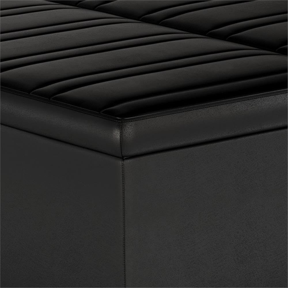 SIMPLIHOME Ellis 36 inch Wide Contemporary Square Coffee Table Storage Ottoman in Distressed Black Vegan Faux Leather, Assembled, for the Living Room and Bedroom