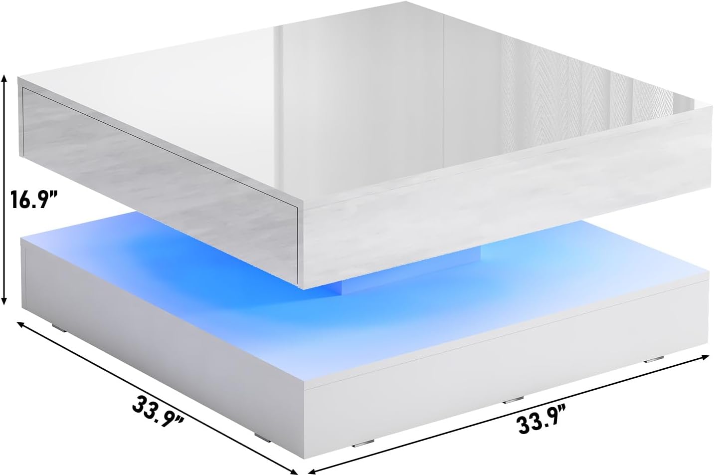 jiteentarou 33.9' LED Coffee Table with Storage, Modern High Glossy Living Room Table w/2 Drawers,Double-Layer Design Large Square Center Table for Living Room, Home, Office, White