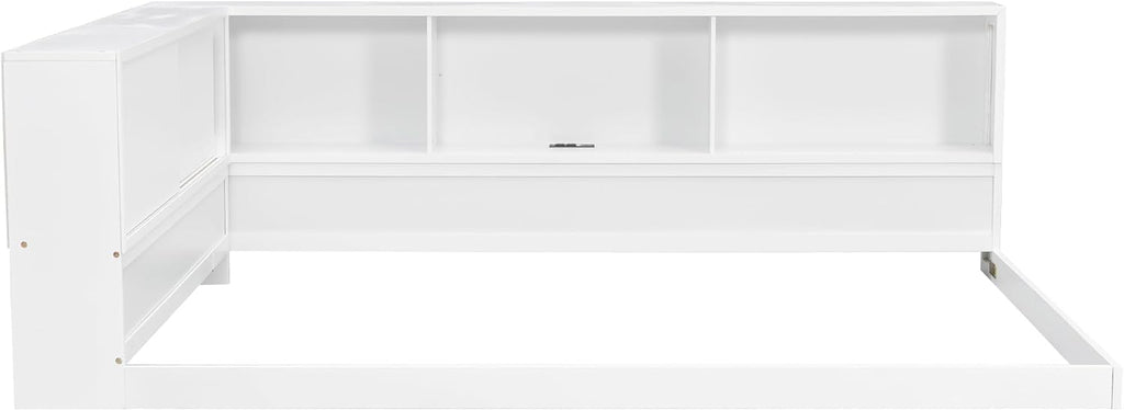LUMISOL Queen Size Corner Bed with Storage Shelves, Wooden L-Shaped Daybed Frame with Charging Station and LED Lights for Teens, Adults, White