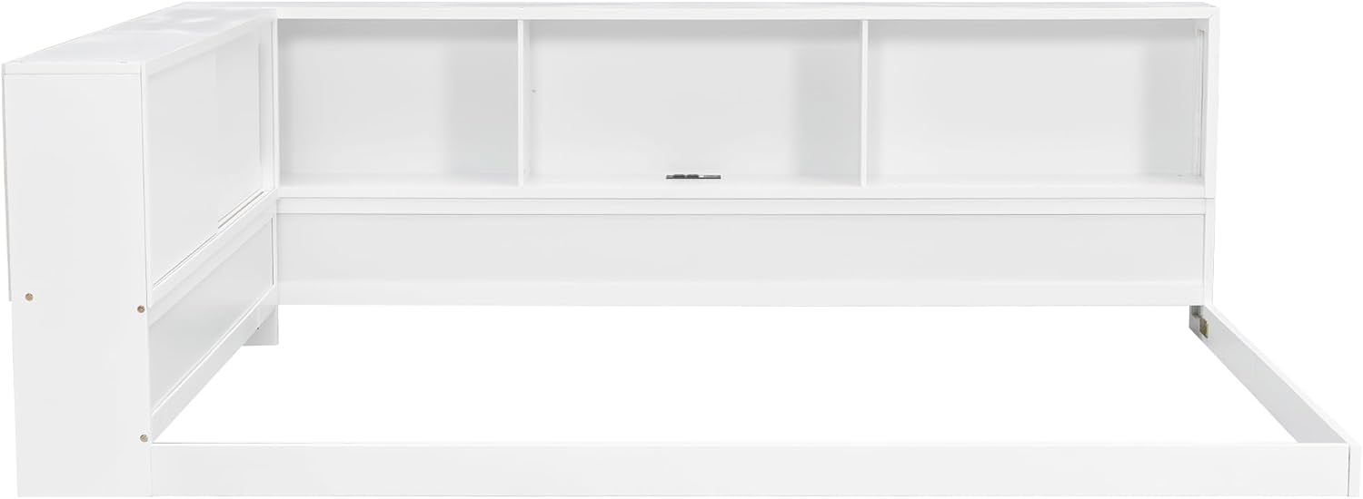 LUMISOL Queen Size Corner Bed with Storage Shelves, Wooden L-Shaped Daybed Frame with Charging Station and LED Lights for Teens, Adults, White