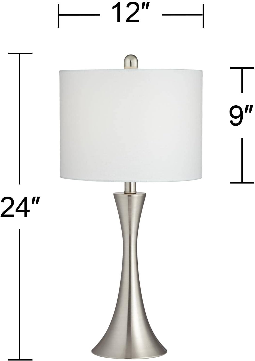 360 Lighting Gerson Modern Table Lamps 24' Tall Set of 2 with Dimmers Brushed Nickel Silver Metal LED White Drum Shade for Bedroom Living Room House Home Bedside Nightstand Office Family