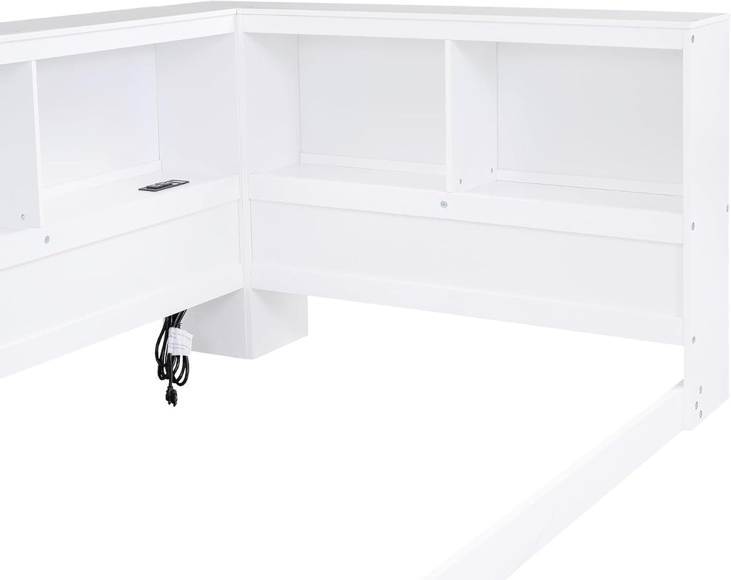 Harper & Bright Designs Twin Size Daybed, Wood Twin Bed Frame with L-Shaped Bookcases and USB Ports,Floor Sofa Bed for Kids Room, Bedroom, Living Room,White