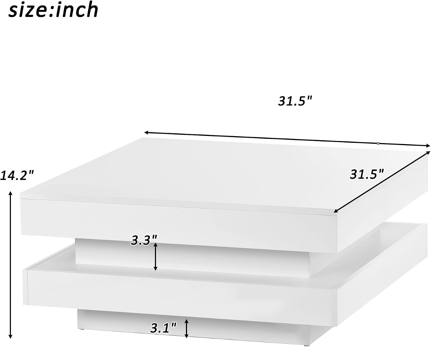 Square Coffee Table, Modern High Gloss White Coffee Table with Plug-in 16-Color LED Lights, 2-Tier Center Table for Living Room, White