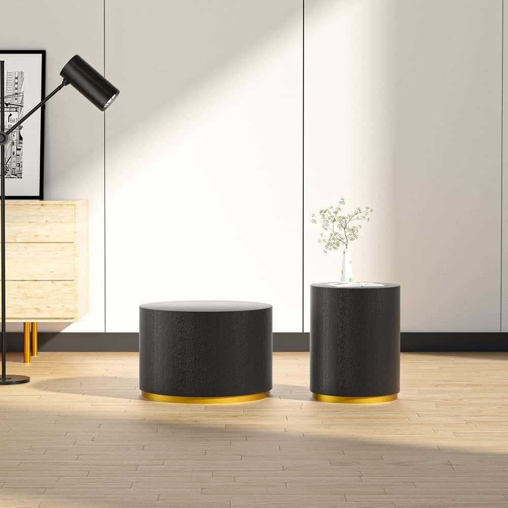 WILLIAMSPACE Black End Table with Gold Rim Bottom, Round Side Table for Small Spaces, Nightstand Sofa Table for Living Room Bedroom, ø15.6' * 19.5'H