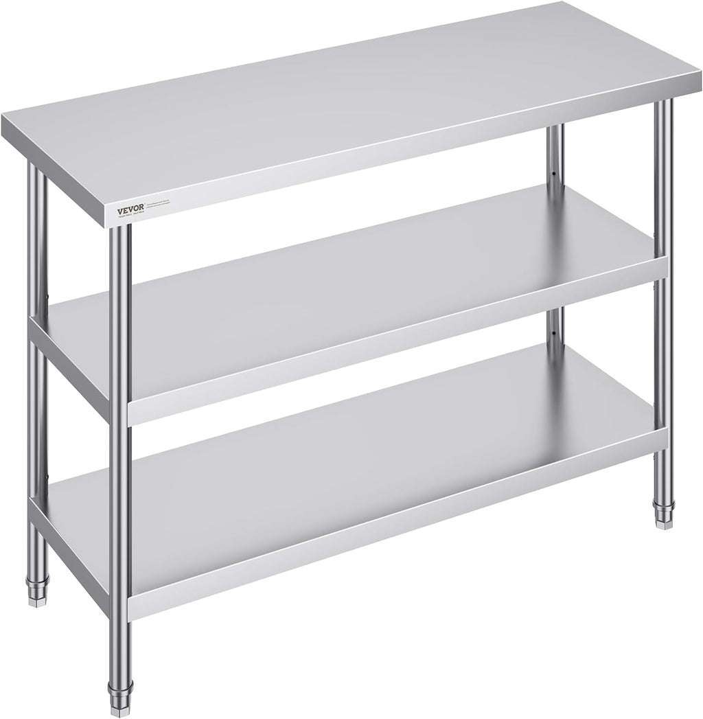 VEVOR Stainless Steel Food Prep Table, 18 x 48 x 34 Inch Commercial Kitchen Worktable, with 2 Adjustable Undershelf, Heavy Duty Prep Tables Metal Work Table for BBQ, Kitchen, Home, and Garage