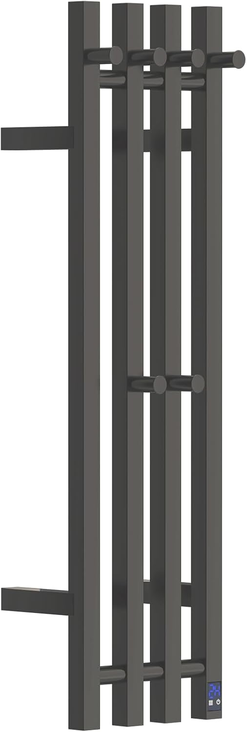 Electric Heated Towel Rack Warmer, Wall Mounted Towel Warmer, 304 Stainless Steel, 37.4 x 11.8 x 4.2 Inches, 4 Vertical Square Bars with Timer (Black)
