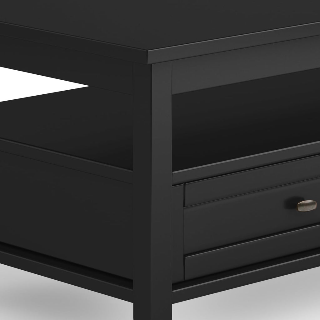 SIMPLIHOME Warm Shaker Coffee Table - 48 inch Wide Solid Wood Coffee Table in Black, Transitional Living Room Table with 2 Drawers, Open Shelf, Shaker Fronts and Tapered Legs