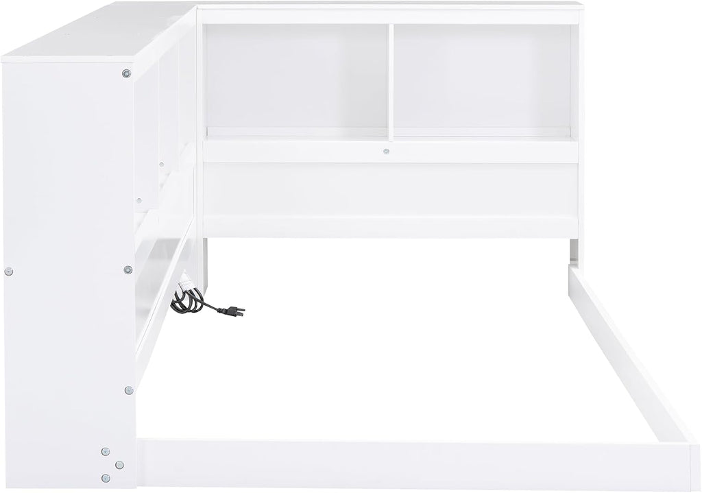 Harper & Bright Designs Twin Size Daybed, Wood Twin Bed Frame with L-Shaped Bookcases and USB Ports,Floor Sofa Bed for Kids Room, Bedroom, Living Room,White