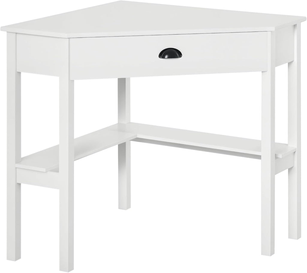 HOMCOM Corner Desk, Triangle Computer Desk with Drawer and Storage Shelves for Small Spaces, Home Office Workstation for Living Room, or Bedroom, White