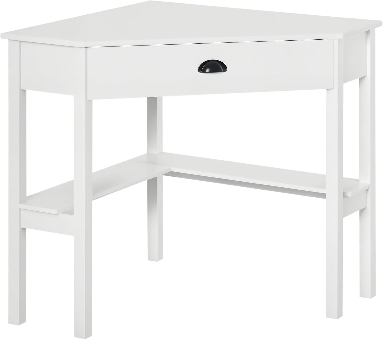 HOMCOM Corner Desk, Triangle Computer Desk with Drawer and Storage Shelves for Small Spaces, Home Office Workstation for Living Room, or Bedroom, White
