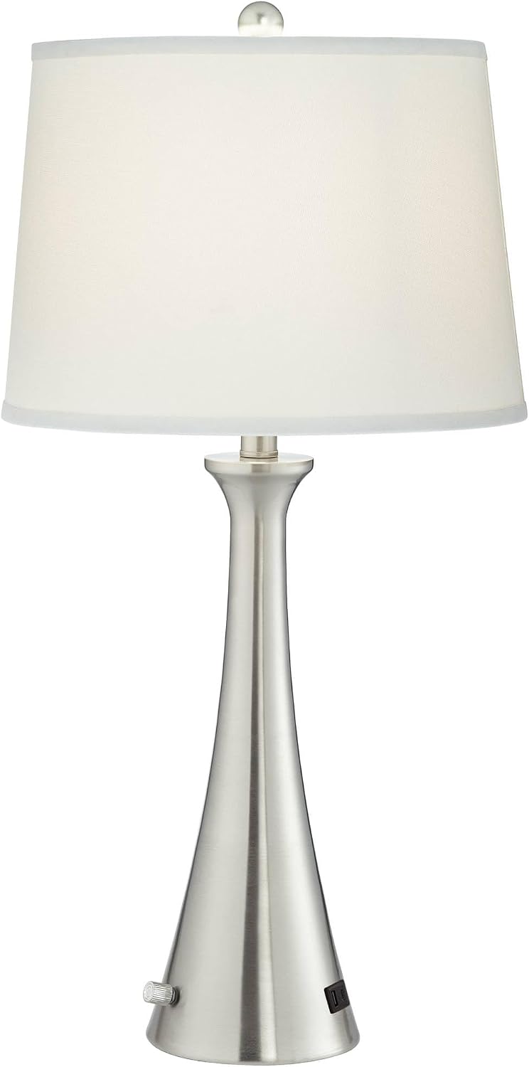 360 Lighting Karl 27 1/2' Tall Set of 2 Modern Table Lamps with USB Charging Ports A+C and AC Power Outlet Brushed Nickel White Drum Shade Bedroom Living Room House Home Bedside Nightstand Office