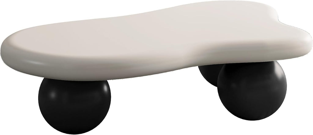 47' Cloud Coffee Table,Modern Cute End Table with Ball Legs,Small Round Edge Tea Table,Irregular Indoor Wood Coffee Table for Living Room, Bedroom, Small Space,Balcony,Patio Cream White+Black