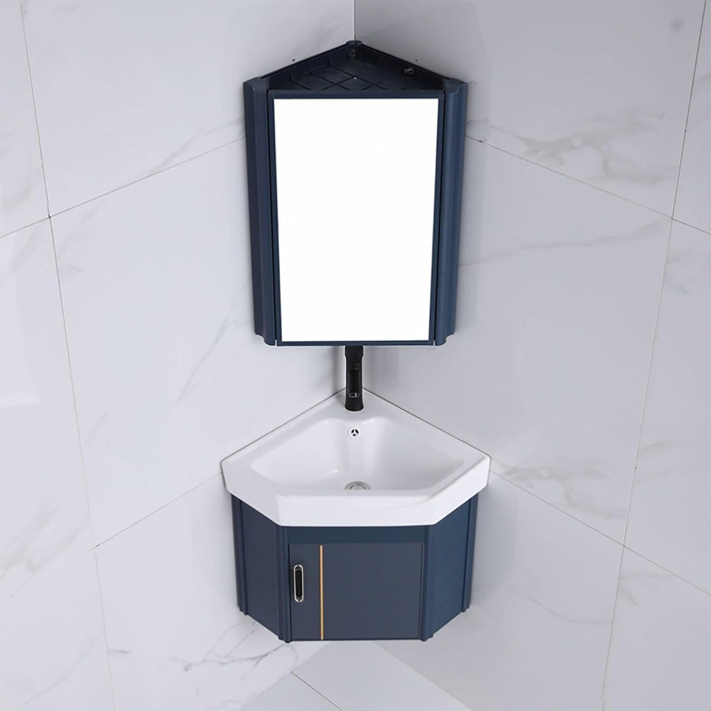 Corner Ceramic Sink Bathroom Vanity Cabinet Corner Wall Mount Bathroom Sink Wall Mounted Bathroom Sink Bathroom Sink with Storage Container Cabinet with Mirror(Blue,15in/38cm)