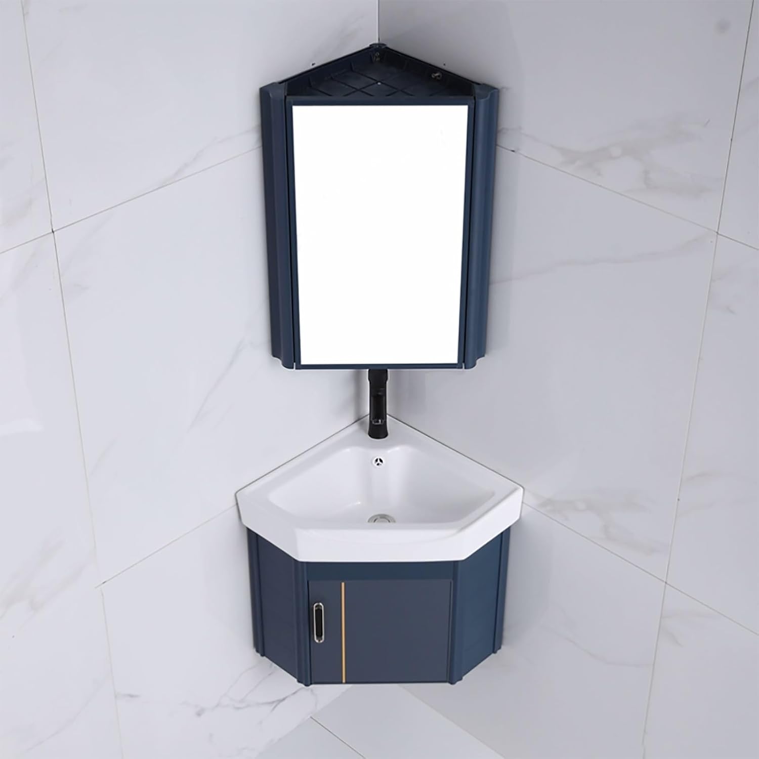 Corner Ceramic Sink Bathroom Vanity Cabinet Corner Wall Mount Bathroom Sink Wall Mounted Bathroom Sink Bathroom Sink with Storage Container Cabinet with Mirror(Blue,15in/38cm)
