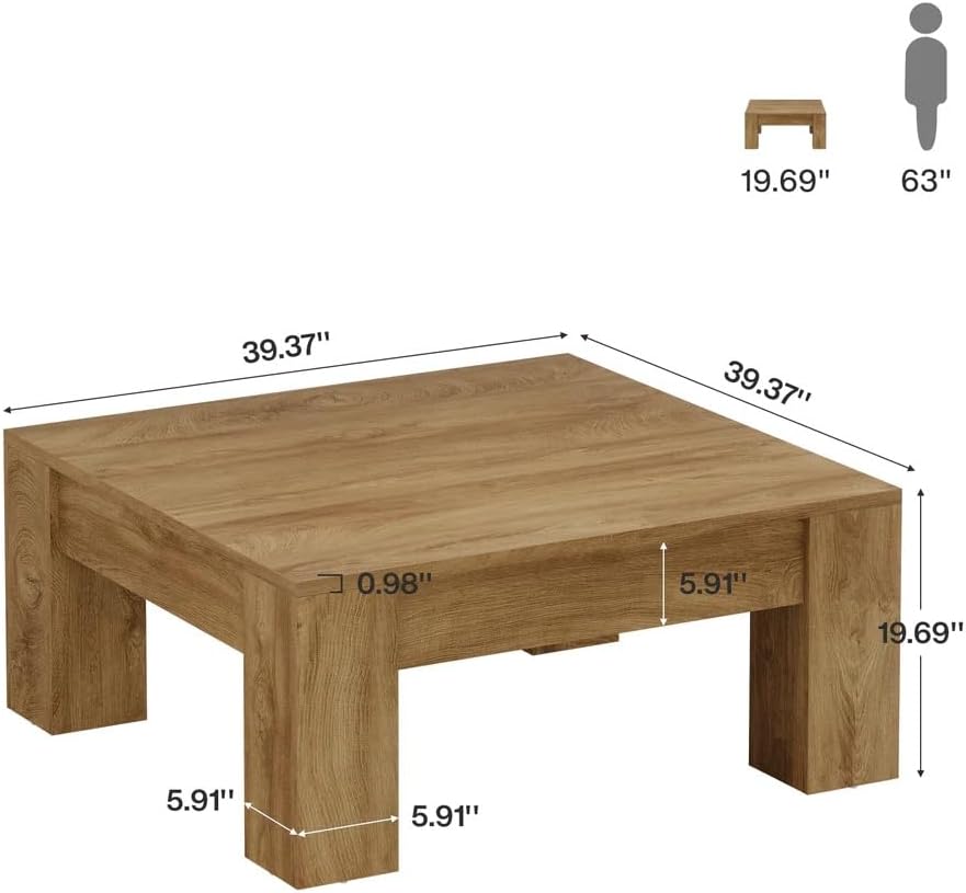 39.4' Square Coffee Table, Farmhouse Coffee Table with Sturdy Base, Mid-Century Modern MDF Accent Center Tea Tables for Living Room Apartment, Easy Assembly