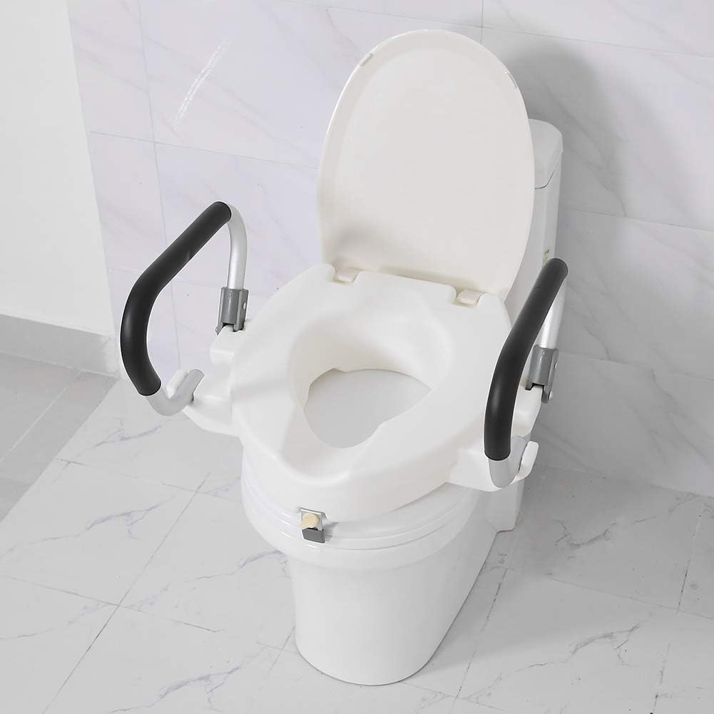 Elevated Raised Toilet Seat, Removable Padded Arms 10cm Height Adjustable Disability Aid, White Toilet Seat for Elderly & Pregnant Women, 40x43.5x10cm