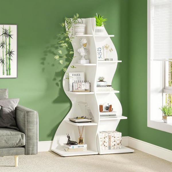 Storage Shelves Unit 5-Tier Shelf, Corner Shelving for Bedroom, Freestanding Decorative Ladder Etagere Organizer, Narrow Bookshelf, Bathroom Storage, Decorative Etagere for Plant Stand (White)