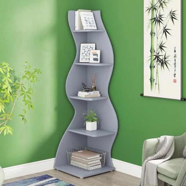 Storage Shelves Unit 5-Tier Shelf, Corner Shelving for Bedroom, Freestanding Decorative Ladder Etagere Organizer, Narrow Bookshelf, Bathroom Storage, Decorative Etagere for Plant Stand (Gray)