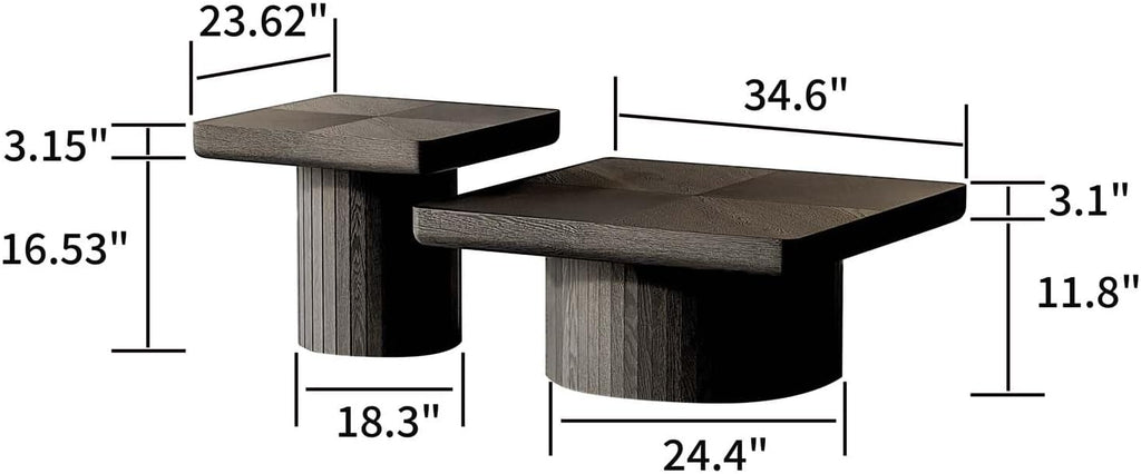 Modern Square Nesting Coffee Table Set, 2-Piece Coffee Tables with Cylindrical & Fluted Pedestal, Minimalist Center Table & Side Table for Wabi-Sabi Decor for Living Room Apartment, Black